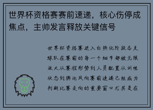 世界杯资格赛赛前速递，核心伤停成焦点，主帅发言释放关键信号