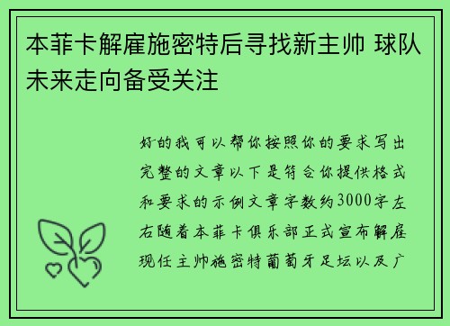 本菲卡解雇施密特后寻找新主帅 球队未来走向备受关注 本菲卡解雇施密特后寻找新主帅 球队未来走向备受关注