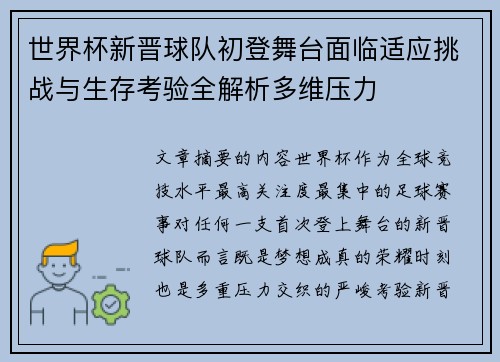 世界杯新晋球队初登舞台面临适应挑战与生存考验全解析多维压力